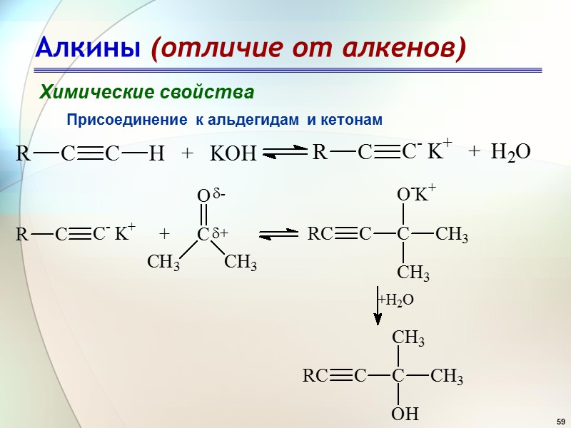 59 Алкины (отличие от алкенов) Химические свойства Присоединение к альдегидам и кетонам